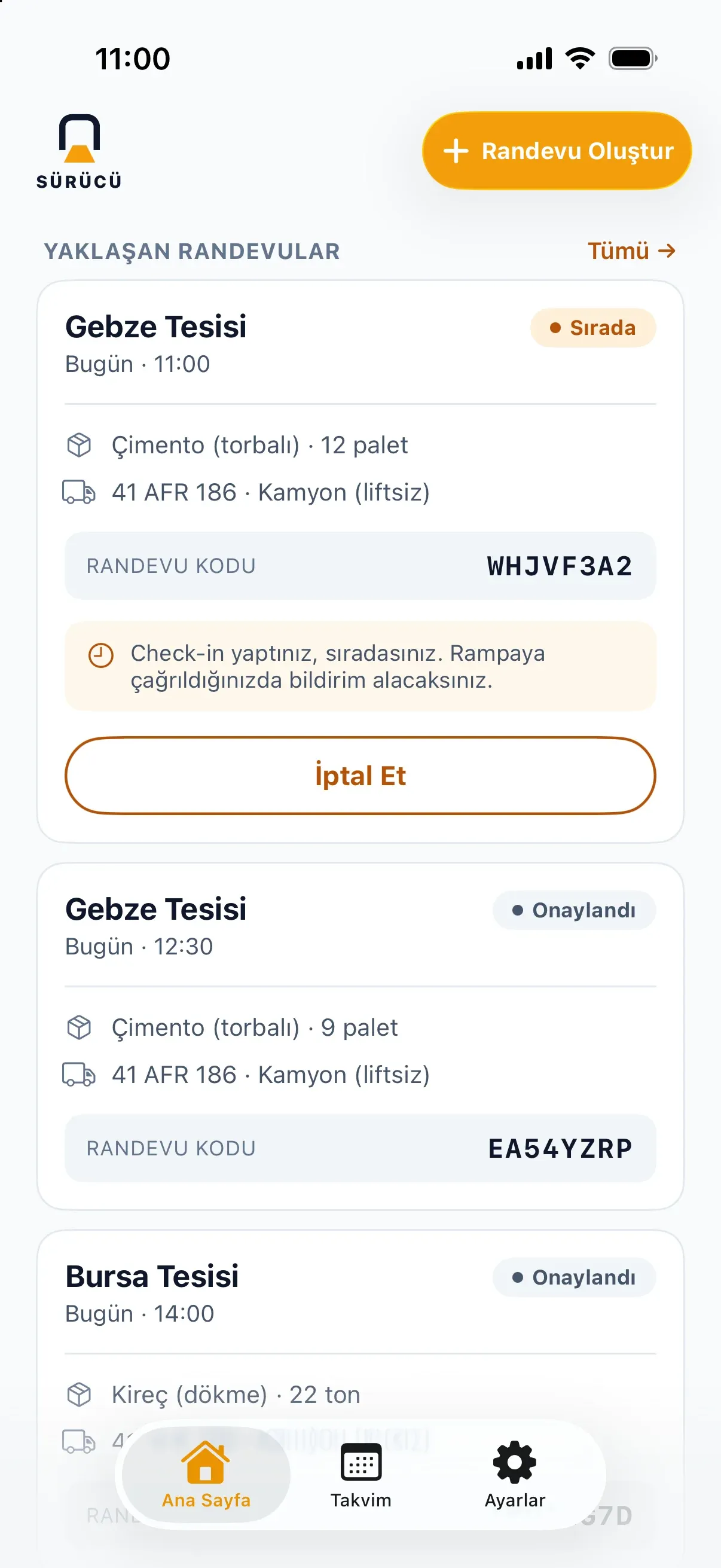 Bindir Sürücü ana sayfası: yaklaşan randevular, ilki check-in yapılmış ve sırada